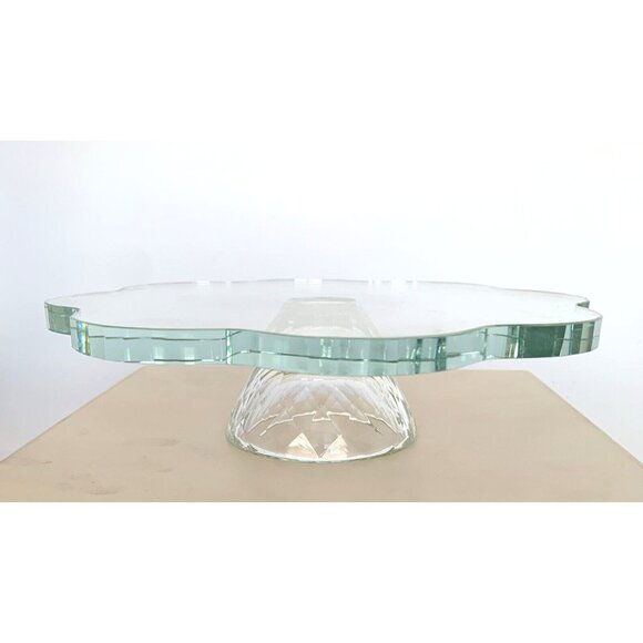 Oleg Cassini Crystal Cake Plate Footed Stand 8.5 Inch Diamond Flower Signed - Picture 3 of 9